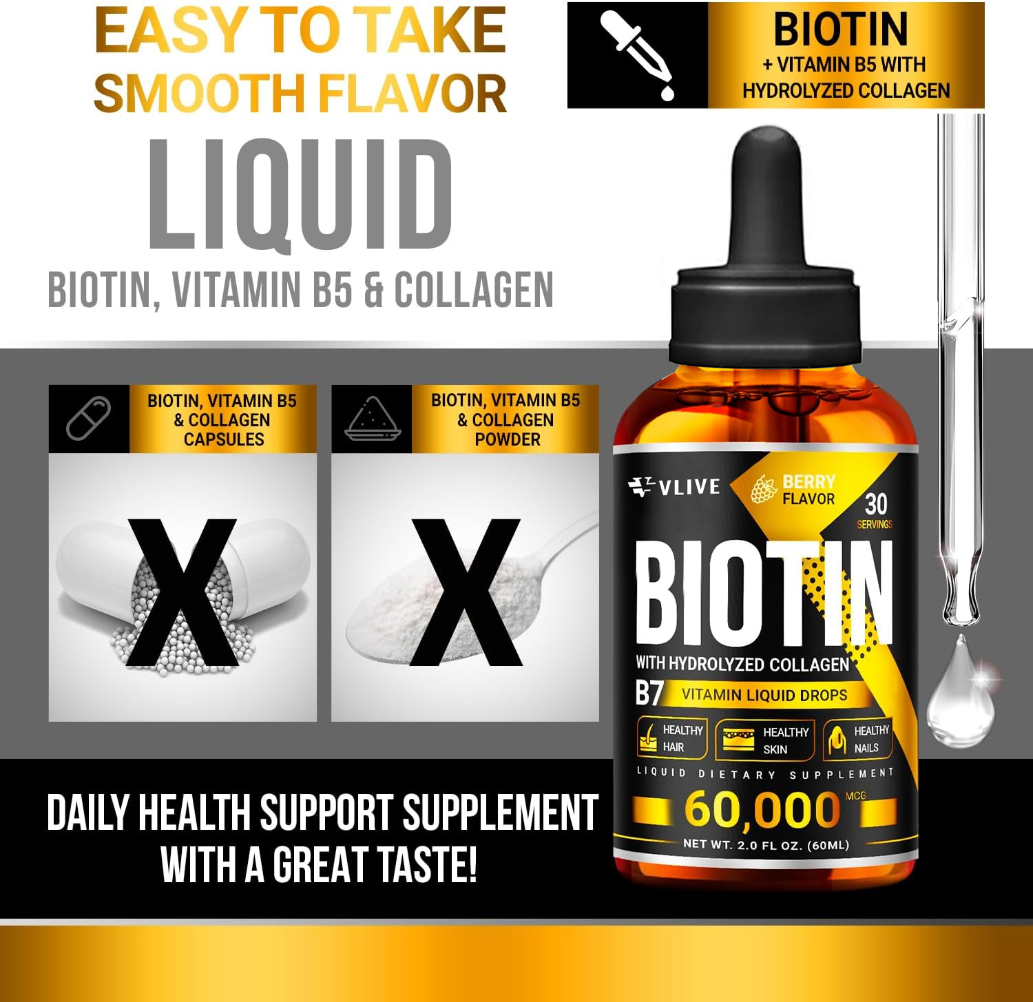 Vlivey®Biotin & Collagen Hair Growth Liquid Drops 50,000mcg Supports Strong Nails, Glowing Skin, Healthy Hair Growth. Great Absorption (2Fl Oz) w/ Travel Box