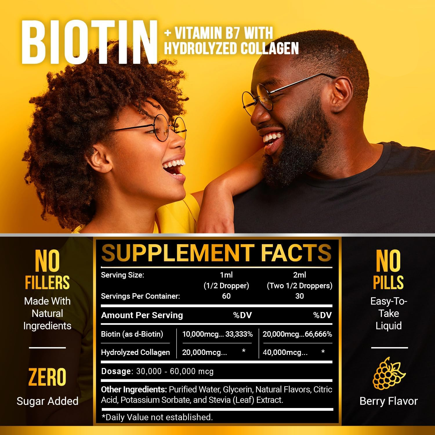 Vlivey®Biotin & Collagen Hair Growth Liquid Drops 50,000mcg Supports Strong Nails, Glowing Skin, Healthy Hair Growth. Great Absorption (2Fl Oz) w/ Travel Box