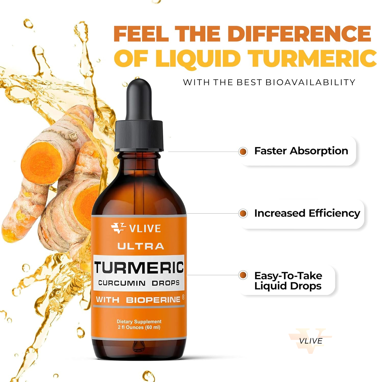 Vlivey®Liquid Turmeric Curcumin with Bioperine offering Best Absorption. Turmeric Extract with Black Pepper for Back, Knees and Hand Discomfort. Turmeric Drops for Joint Support