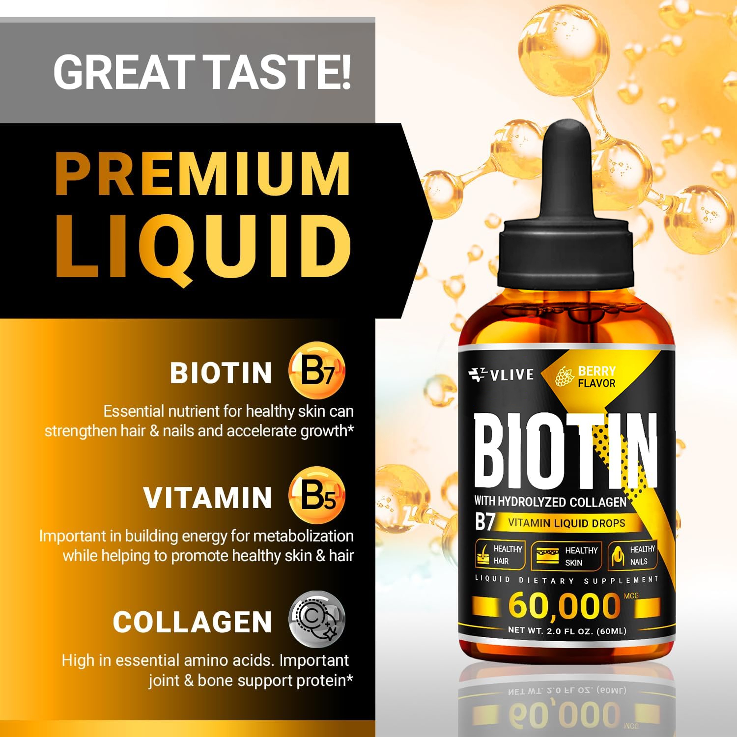 Vlivey®Biotin & Collagen Hair Growth Liquid Drops 50,000mcg Supports Strong Nails, Glowing Skin, Healthy Hair Growth. Great Absorption (2Fl Oz) w/ Travel Box