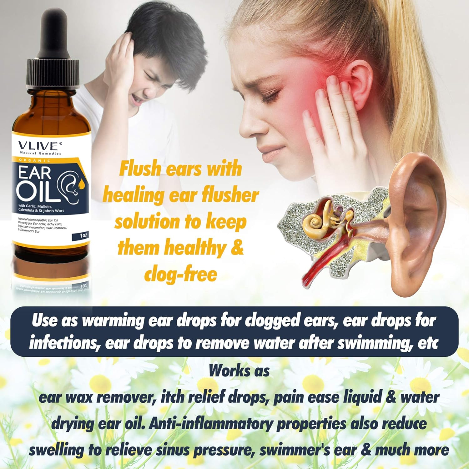 Vlivey®Organic Ear Oil for Ear Infections - Natural Eardrops for Infection Prevention, Swimmer's Ear & Wax Removal - Kids, Adults, Baby, Dog Earache Remedy - with Mullein, Garlic, Calendula