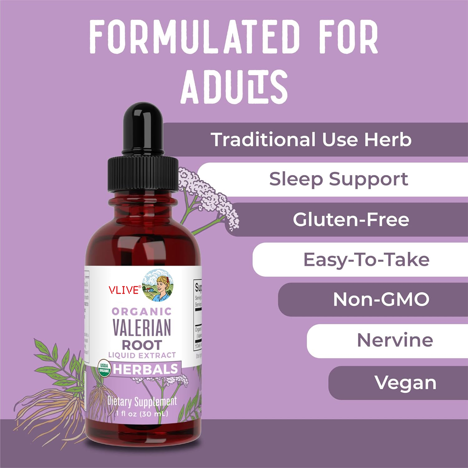 Vlivey®USDA Organic Valerian Root Drops | Support Sleep, Calm, and Stress Relief | Vegan | Non-GMO | Gluten Free | 60 Servings