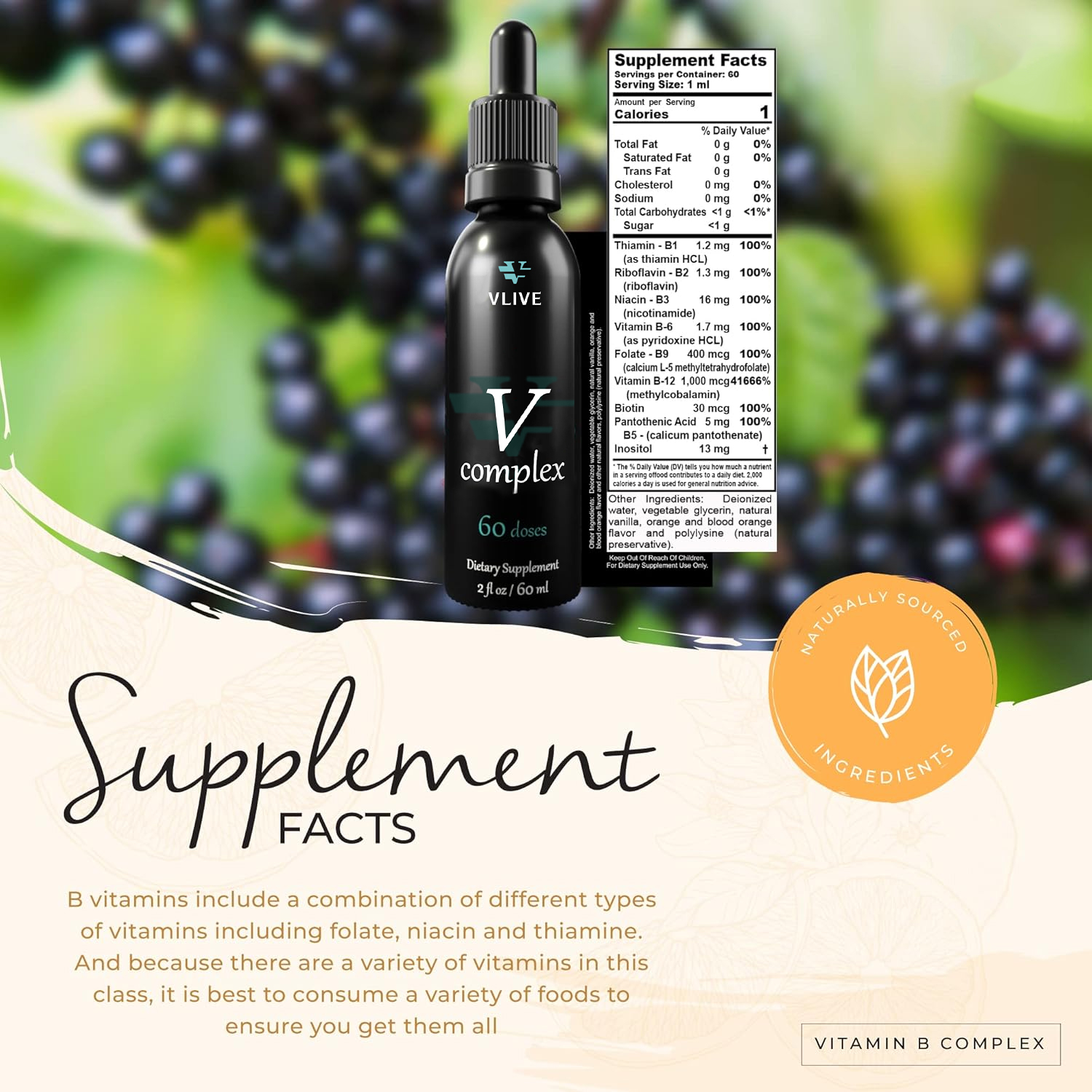 Vlivey®Vitamin B-Complex Drops, 2oz, 60 Doses, All 8 B-Vitamins, Immune Energy Support Supplement Non GMO Vegetarian Safe