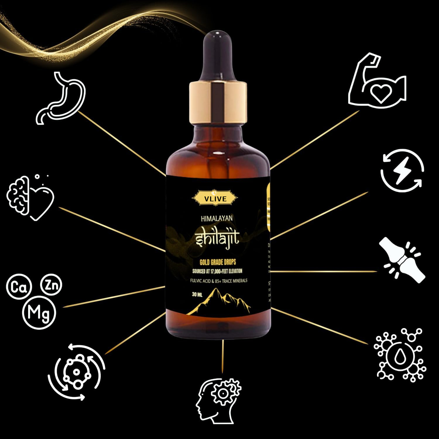 Vlivey® Pure Organic Himalayan Shilajit Drops for Men & women for Energy Boost & Immune Support (1.0 Oz / 30Ml)