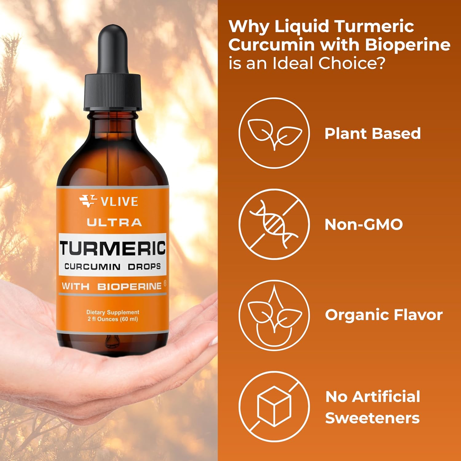Vlivey®Liquid Turmeric Curcumin with Bioperine offering Best Absorption. Turmeric Extract with Black Pepper for Back, Knees and Hand Discomfort. Turmeric Drops for Joint Support