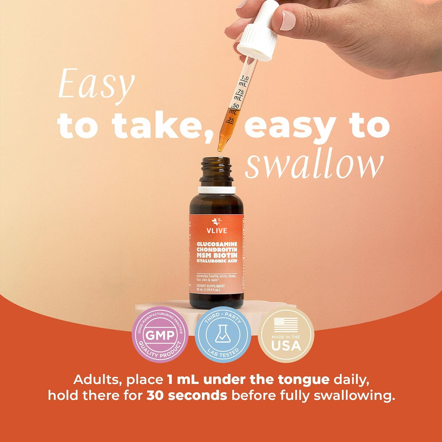 Vlivey®Liquid Glucosamine, Chondroitin, MSM, Biotin, Hyaluronic Acid All in one - Black Glass Dropper - Good Health of Joints, Bones, Hair, Skin and Nails