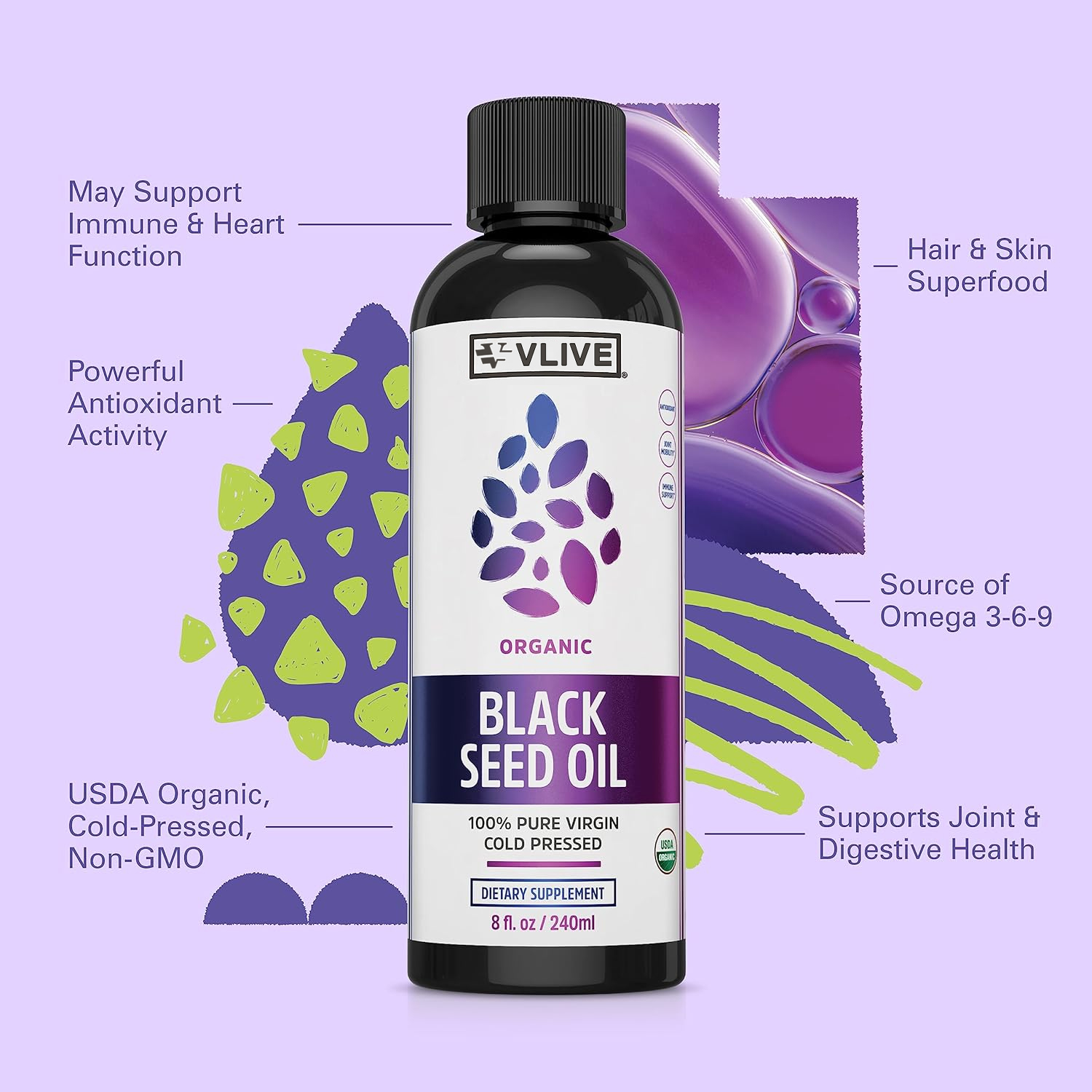 Vlivey®Organic Black Seed Oil | 100% Virgin Cold Pressed Omega 3 6 9 | Super Antioxidant for Immune Support, Joints, Digestion, Hair & Skin | Vegan, Gluten-Free, Non-GMO | 8oz