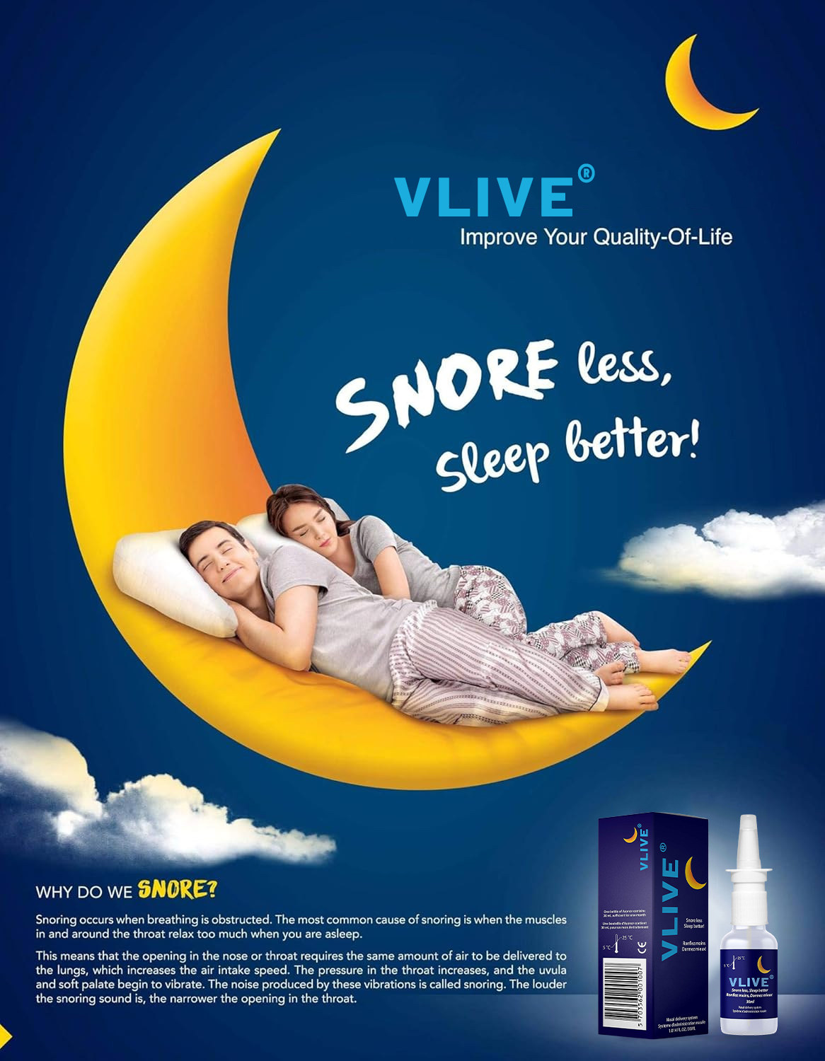 Vlivey®Snoring Nasal Spray - Fast Snore Stopper Drops for Better Sleep, Natural Breathing Relief - Helps Open The Throat & Air Passage While Sleeping - No Pain, Natural Anti Snoring Solution - 30ml