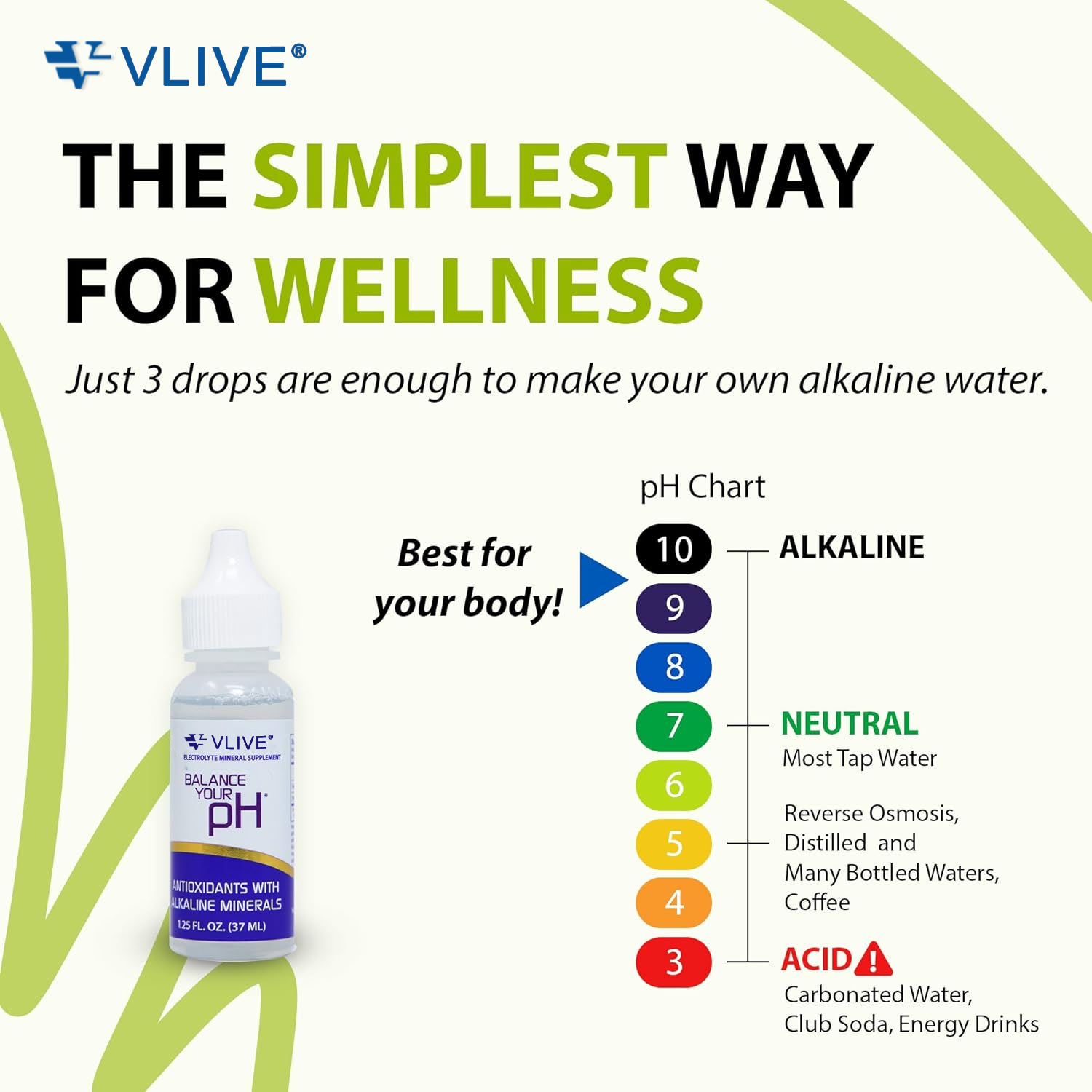 Vlivey®Balance Your pH, Antioxidants Alkaline Mineral Drops, Single 1.25 Oz Pack, Portable, Yields 10 Gallons of alkaline, antioxidant Water, Unflavored, pH Balance, Hydration