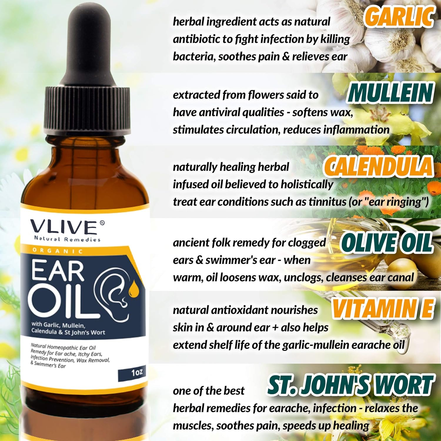 Vlivey®Organic Ear Oil for Ear Infections - Natural Eardrops for Infection Prevention, Swimmer's Ear & Wax Removal - Kids, Adults, Baby, Dog Earache Remedy - with Mullein, Garlic, Calendula
