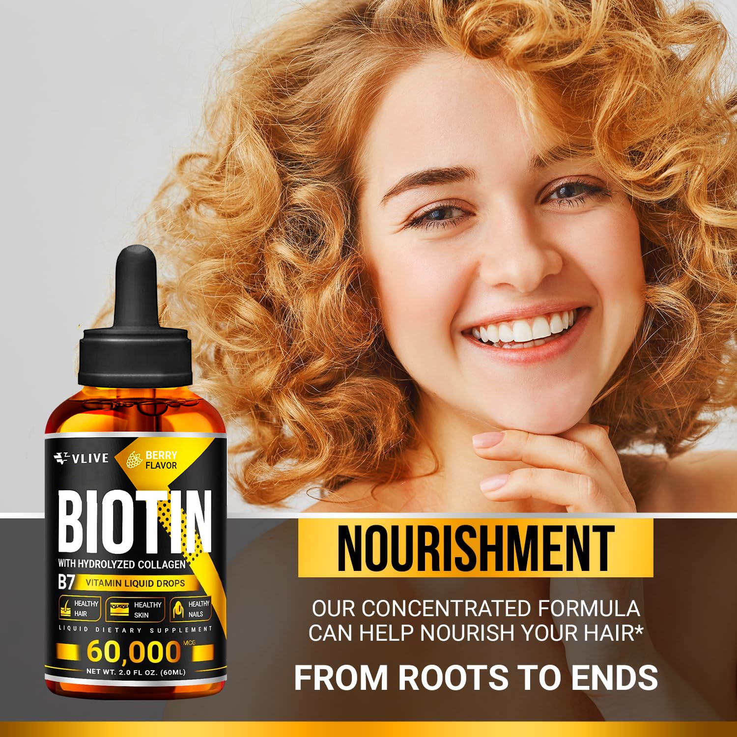 Vlivey®Biotin & Collagen Hair Growth Liquid Drops 50,000mcg Supports Strong Nails, Glowing Skin, Healthy Hair Growth. Great Absorption (2Fl Oz) w/ Travel Box