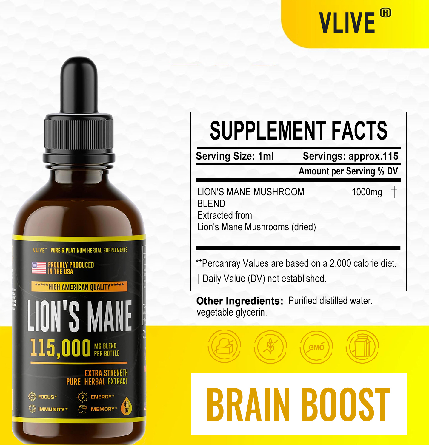 Vlivey®Lions Mane - Lions Mane Mushroom Supplement- Lions Mane Tincture - Natural Immune Support - Lions Mane Tincture for Memory, Focus & Clarity - Daily Mushroom Supplement - Vegan