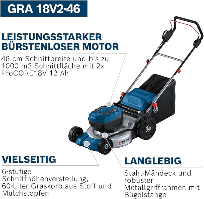 EFICIENTA COMPANIE V-System Akku-Rasenmäher GRA 18V2-46 (Schnittbreite: 46 cm, 6-stufige Höhenverstellung, textiler Grasfangkorb mit 60 Litern Inhalt, inkl. 2 x Isolierschlüssel, Mulchfunktion)