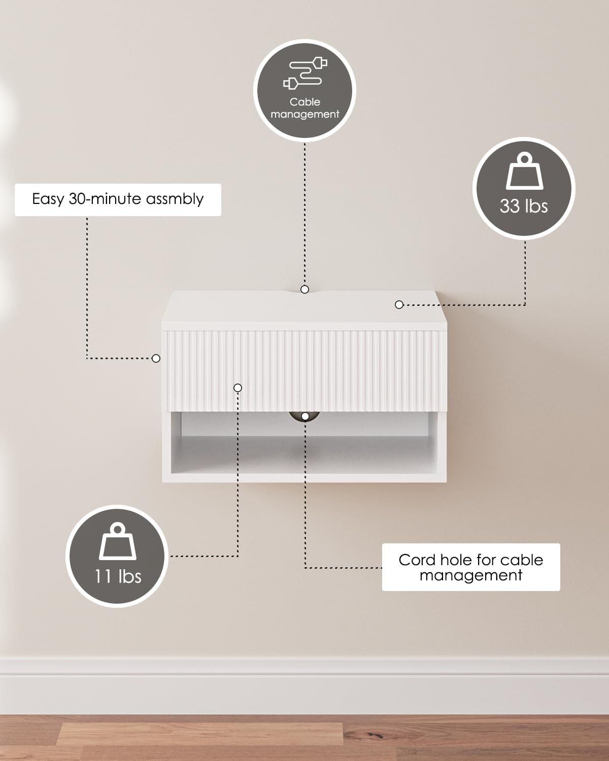 EFICIENTA COMPANIE Schwebender Nachttisch, Kleiner moderner schwebender Nachttisch mit Schublade, schwebende Regale für Schlafzimmer, Badezimmer, Weiß