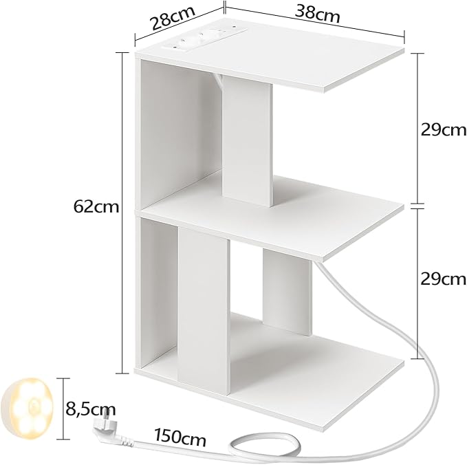 EFICIENTA COMPANIE Couchtisch mit Ladestation, C-förmiger Beistelltisch mit wiederaufladbarer LED-Sensorleuchte, Sofa-Beistelltisch mit Ablagen, Nachttisch für Schlafzimmer, Wohnzimmer, Weiß