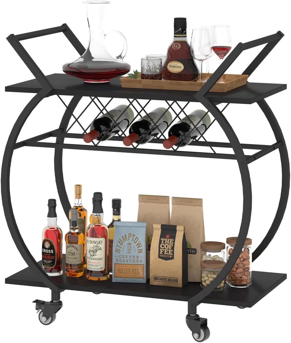 EFICIENTA COMPANIE Servierwagen mit Rollen, Barwagen mit Weinregal, Küchenwagen mit 2 Ebenen, Weinwagen, Getränkewagen für Küche, Esszimmer, Bar, Wohnzimmer, 76B x 40.5T x 84H cm, Schwarz