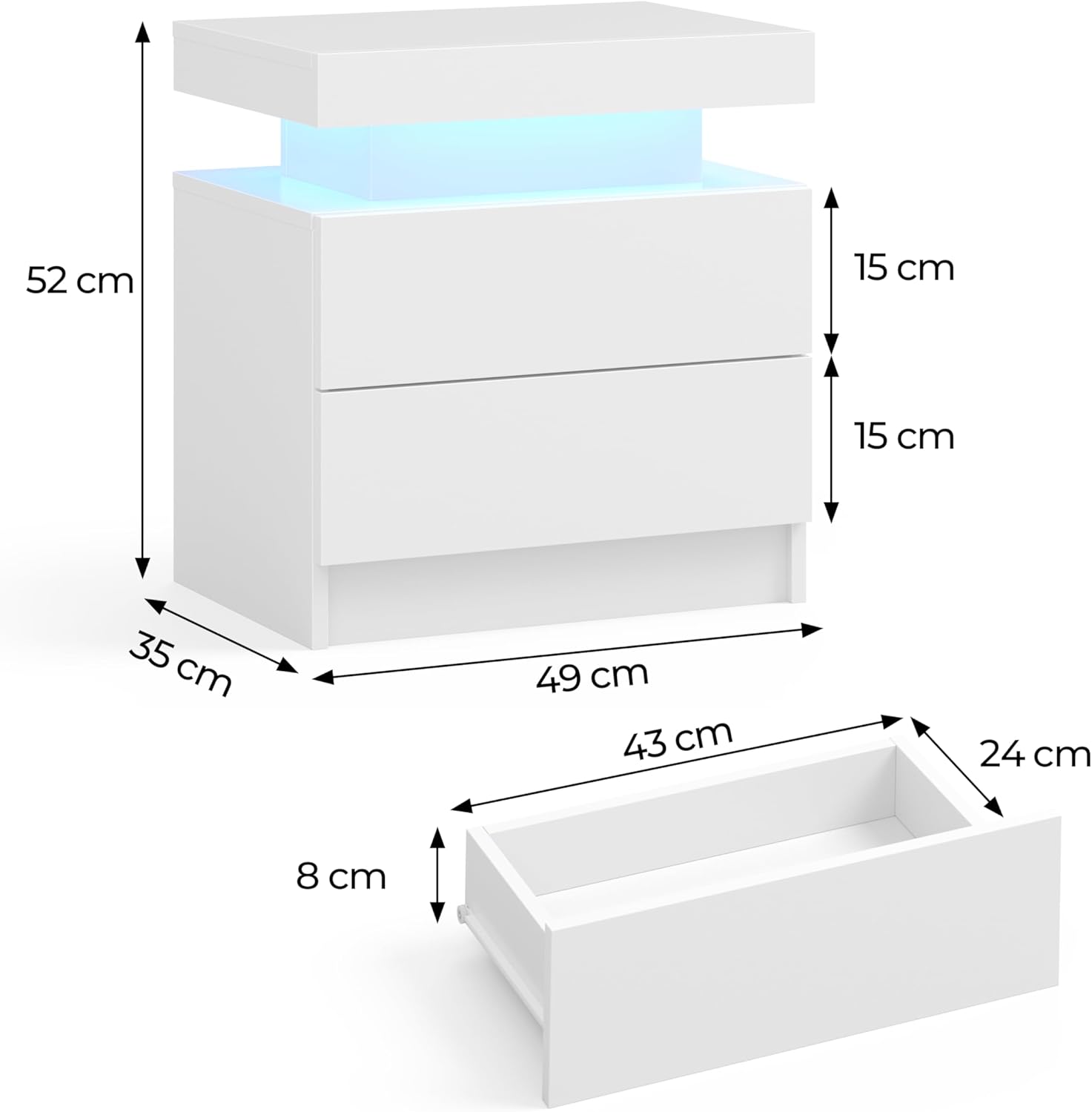 EFICIENTA COMPANIE LED Nachttisch Nachtschrank mit Led Licht, Modern Nachtkommode mit 2 Schubladen für Wohnzimmer, Schlafzimmer (Weiß, 1)