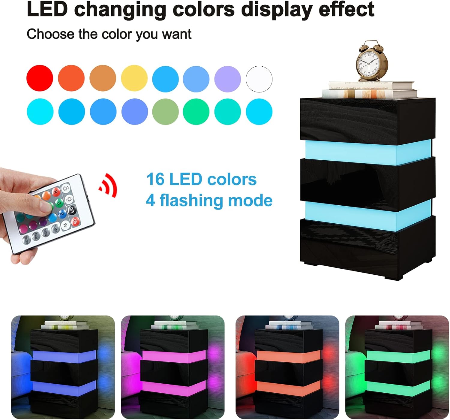 EFICIENTA COMPANIE Nachttisch mit LED-Beleuchtung & 3 Schubladen - Schwarz Hochglanz-Kommode Beistelltisch Sofatisch für Schlafzimmer Wohnzimmer