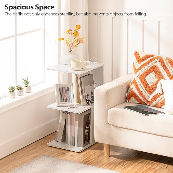 EFICIENTA COMPANIE Couchtisch mit Ladestation, C-förmiger Beistelltisch mit wiederaufladbarer LED-Sensorleuchte, Sofa-Beistelltisch mit Ablagen, Nachttisch für Schlafzimmer, Wohnzimmer, Weiß