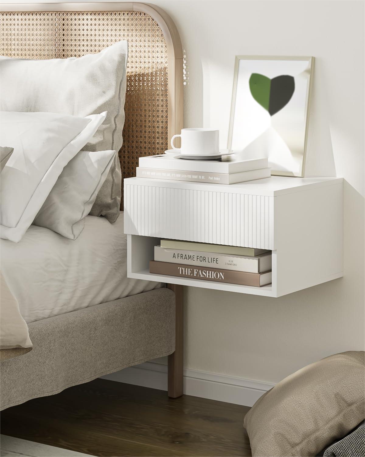 EFICIENTA COMPANIE Schwebender Nachttisch, Kleiner moderner schwebender Nachttisch mit Schublade, schwebende Regale für Schlafzimmer, Badezimmer, Weiß