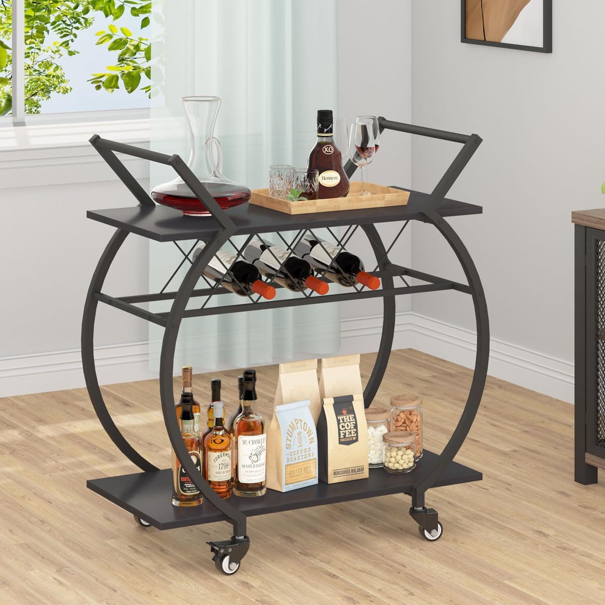 EFICIENTA COMPANIE Servierwagen mit Rollen, Barwagen mit Weinregal, Küchenwagen mit 2 Ebenen, Weinwagen, Getränkewagen für Küche, Esszimmer, Bar, Wohnzimmer, 76B x 40.5T x 84H cm, Schwarz