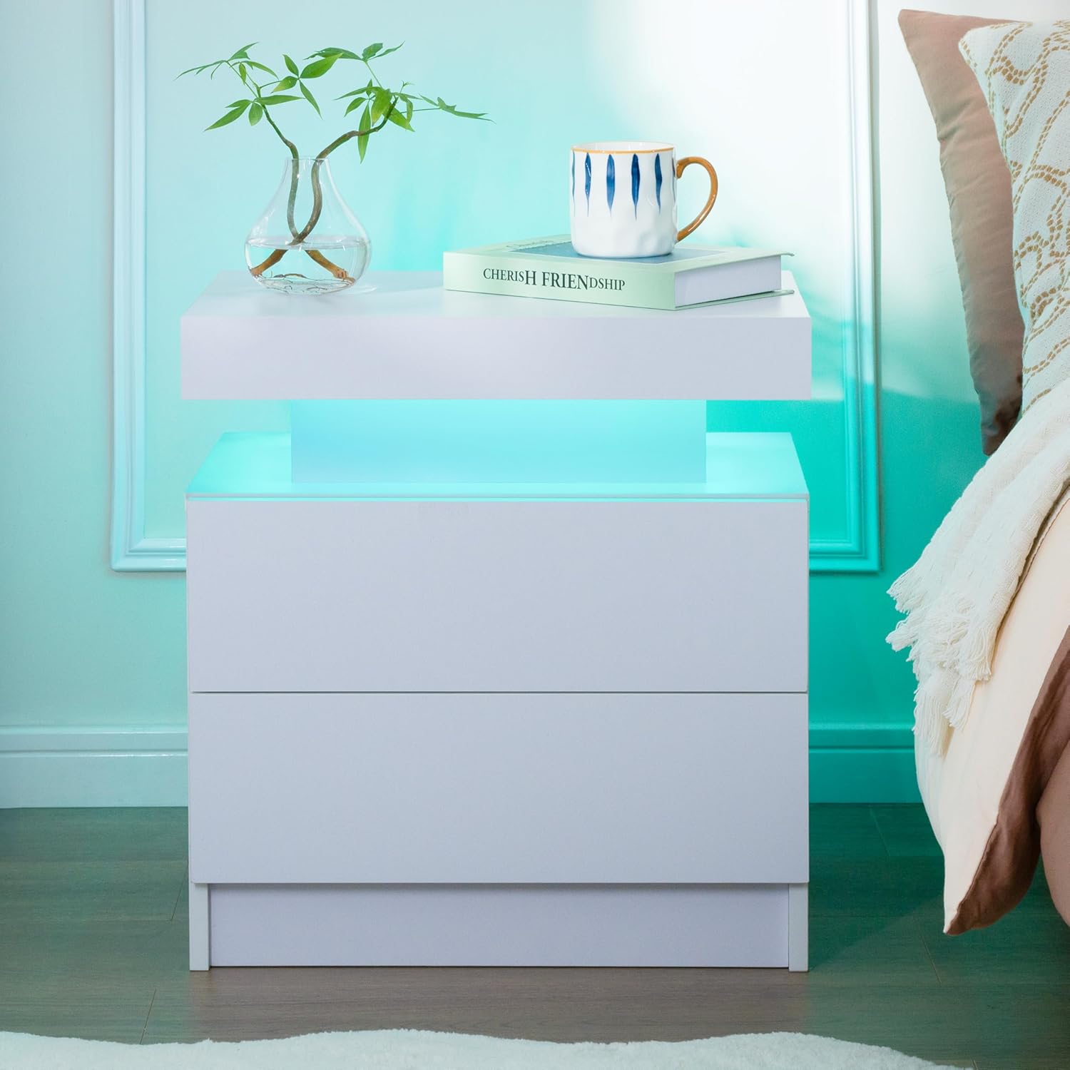 EFICIENTA COMPANIE LED Nachttisch Nachtschrank mit Led Licht, Modern Nachtkommode mit 2 Schubladen für Wohnzimmer, Schlafzimmer (Weiß, 1)