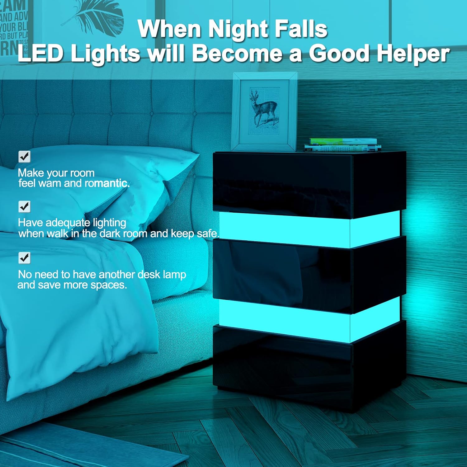 EFICIENTA COMPANIE Nachttisch mit LED-Beleuchtung & 3 Schubladen - Schwarz Hochglanz-Kommode Beistelltisch Sofatisch für Schlafzimmer Wohnzimmer