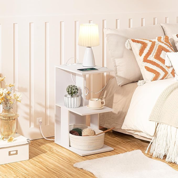 EFICIENTA COMPANIE Couchtisch mit Ladestation, C-förmiger Beistelltisch mit wiederaufladbarer LED-Sensorleuchte, Sofa-Beistelltisch mit Ablagen, Nachttisch für Schlafzimmer, Wohnzimmer, Weiß