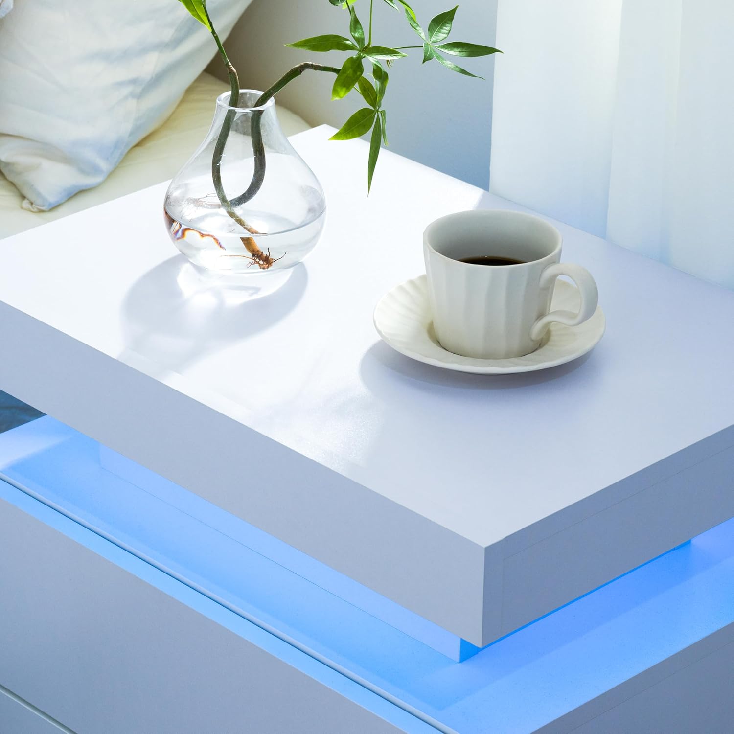 EFICIENTA COMPANIE LED Nachttisch Nachtschrank mit Led Licht, Modern Nachtkommode mit 2 Schubladen für Wohnzimmer, Schlafzimmer (Weiß, 1)