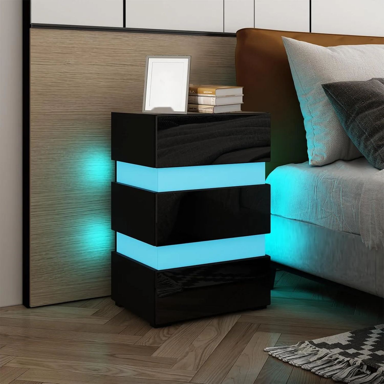 EFICIENTA COMPANIE Nachttisch mit LED-Beleuchtung & 3 Schubladen - Schwarz Hochglanz-Kommode Beistelltisch Sofatisch für Schlafzimmer Wohnzimmer