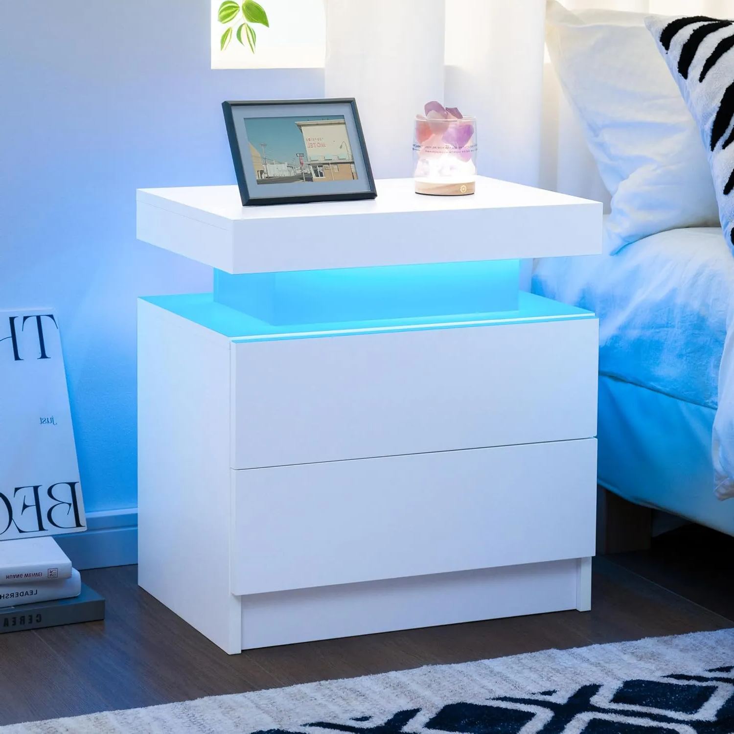EFICIENTA COMPANIE LED Nachttisch Nachtschrank mit Led Licht, Modern Nachtkommode mit 2 Schubladen für Wohnzimmer, Schlafzimmer (Weiß, 1)