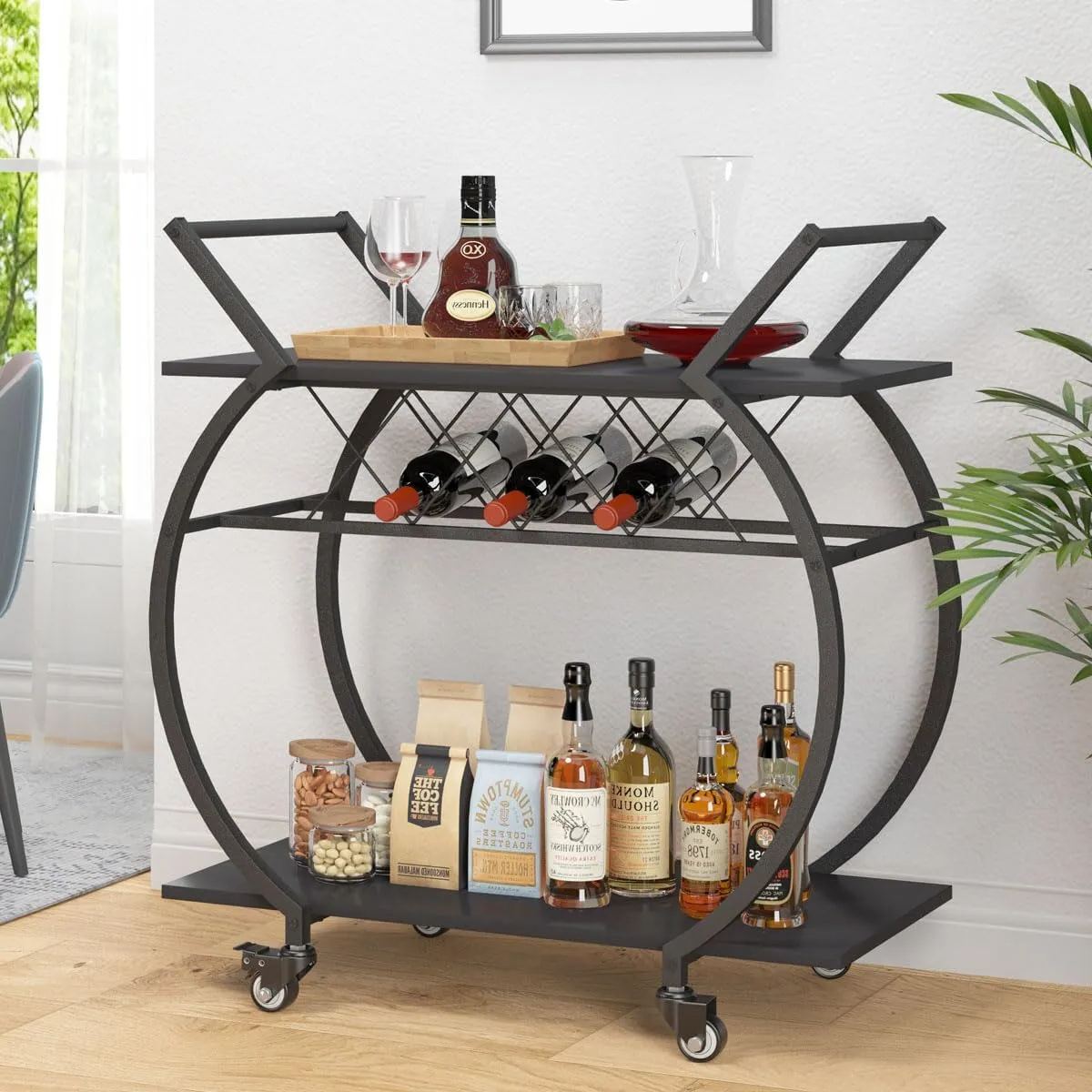 EFICIENTA COMPANIE Servierwagen mit Rollen, Barwagen mit Weinregal, Küchenwagen mit 2 Ebenen, Weinwagen, Getränkewagen für Küche, Esszimmer, Bar, Wohnzimmer, 76B x 40.5T x 84H cm, Schwarz