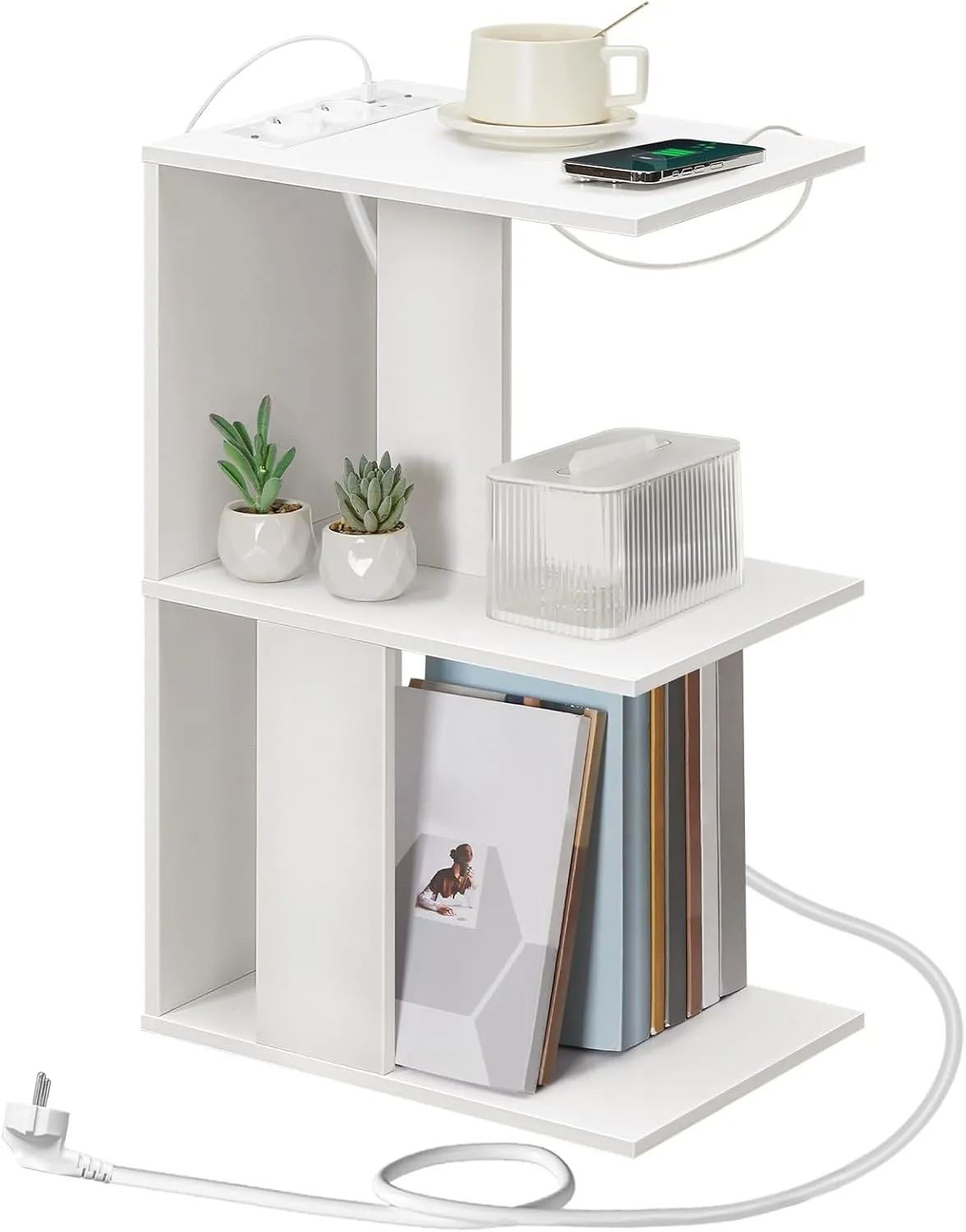 EFICIENTA COMPANIE Couchtisch mit Ladestation, C-förmiger Beistelltisch mit wiederaufladbarer LED-Sensorleuchte, Sofa-Beistelltisch mit Ablagen, Nachttisch für Schlafzimmer, Wohnzimmer, Weiß