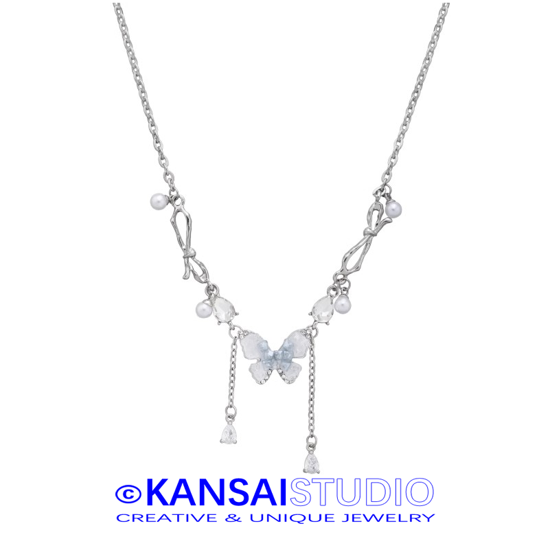 Blue Butterfly Pearl Tassel Necklace for Women Dainty Summer Jewelry Sweet Cool Aesthetic Clavicle Chain Gift
