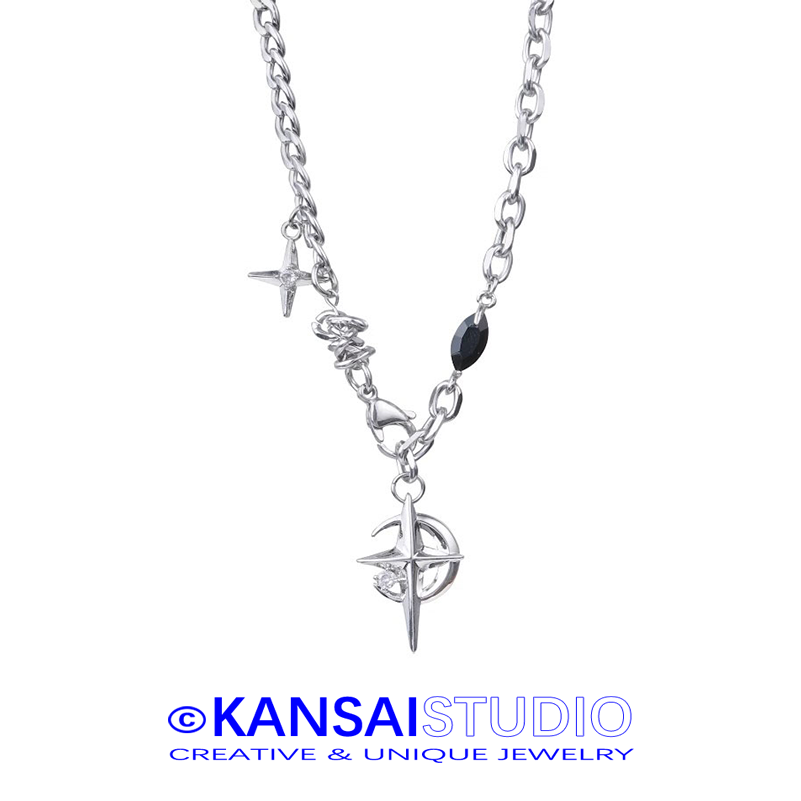 Black Gem Crescent Moon Star Pendant Necklace for Women Unique Gothic Jewelry Fashionable Statement Chain Gift