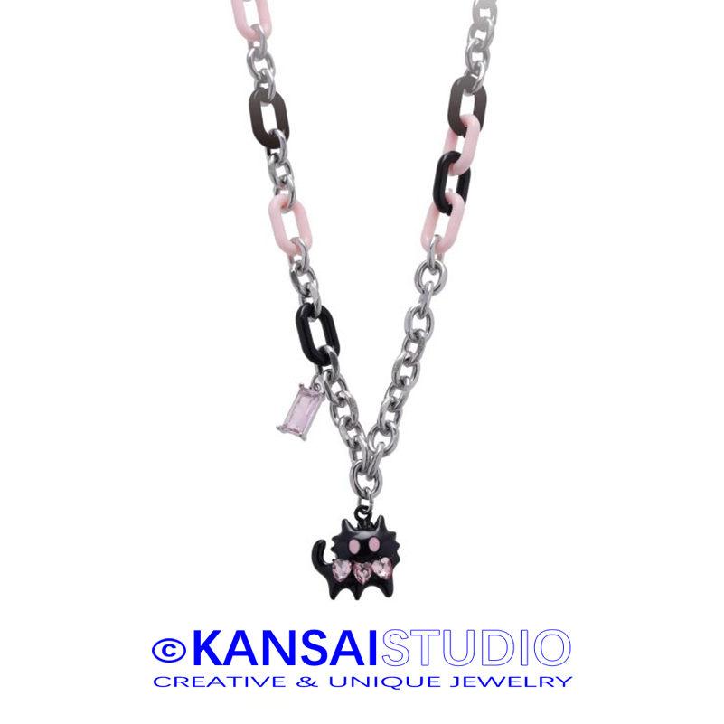 Chunky Cat Pendant Necklace for Women Y2K Streetwear Jewelry Color Block Chain Sweet Cool Aesthetic Gift
