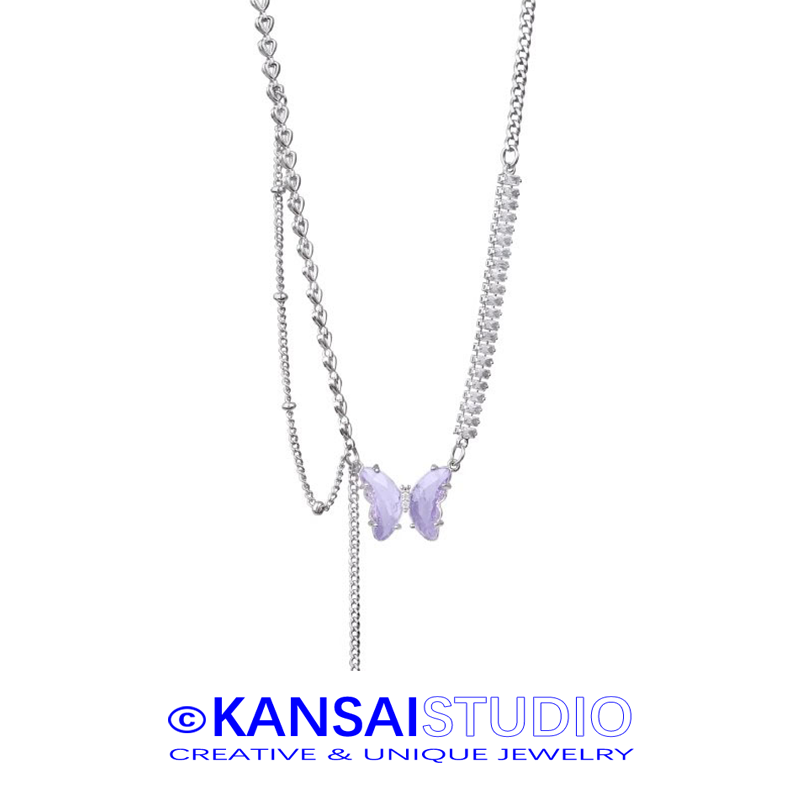 Purple Crystal Butterfly Pendant Necklace for Women Layered Tassel Chain Unique Spring Jewelry Aesthetic Gift