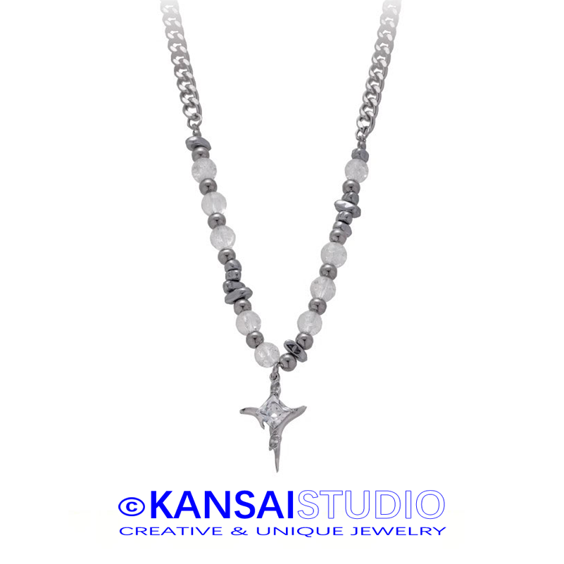 Black Stone Beaded Star Pendant Necklace for Men and Women Hip Hop Streetwear Jewelry Minimalist Unisex Gift