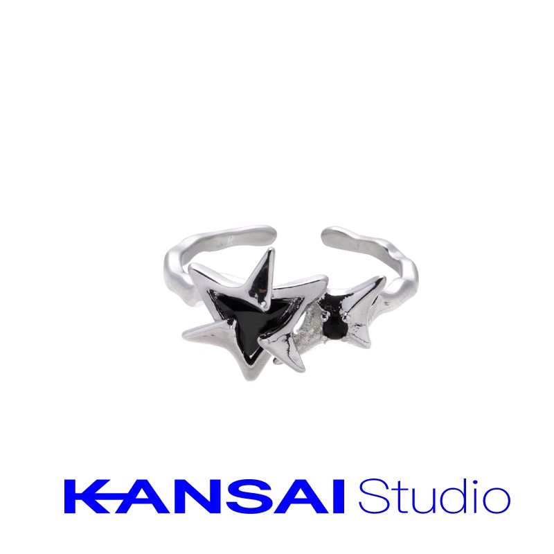 Black and Silver Star Open Ring with Irregular Band for Edgy Y2K Style