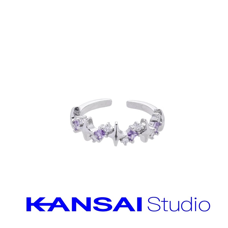 Dainty Silver Open Ring with Purple Zircon Stars and Crystals