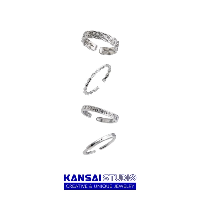 4-Piece Silver Vintage Open Ring Set with Mixed Textures for Men and Women