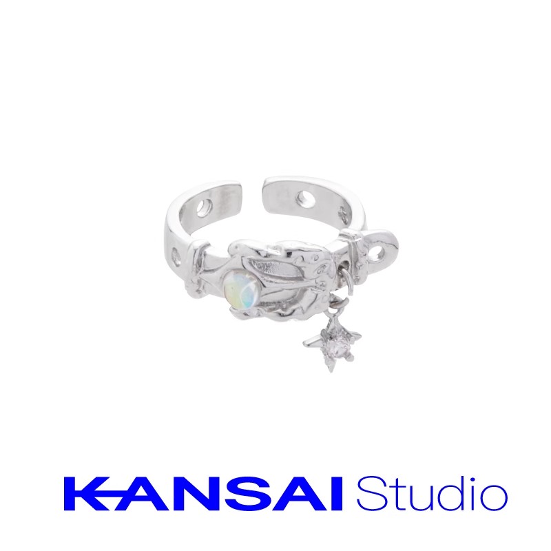 Silver Open Ring with Sculpted Hand, Iridescent Gem, and Star Charm