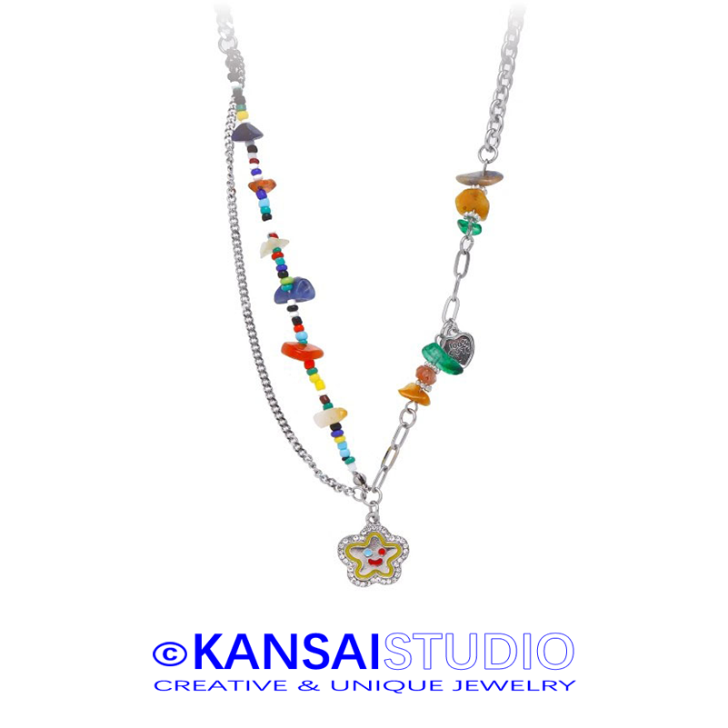Colorful Beaded Smiley Flower Necklace for Women Dopamine Jewelry Y2K Aesthetic Layered Chain Sweet Cool Gift