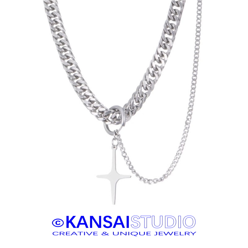 Chunky Cuban Chain Cross Necklace for Women Men Hip Hop Streetwear Jewelry Four Point Star Pendant Fashion Accessory
