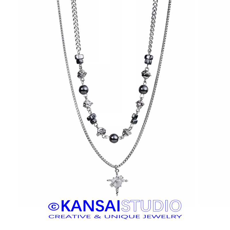 Layered Black Bead Silver Necklace for Women Unique Gothic Jewelry Trendy Double Chain Streetwear Gift