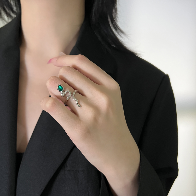 Emerald Snake Open Ring with Textured Silver Wrap Design