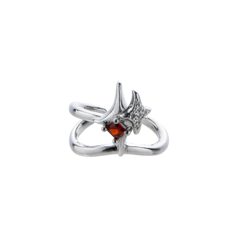 Futuristic Star Ring Set with Red Gem and Silver Spiral Design