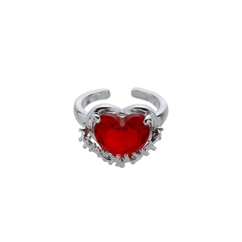 Gothic Red Heart Ring Set with Rose and Claw Details in Silver Tone