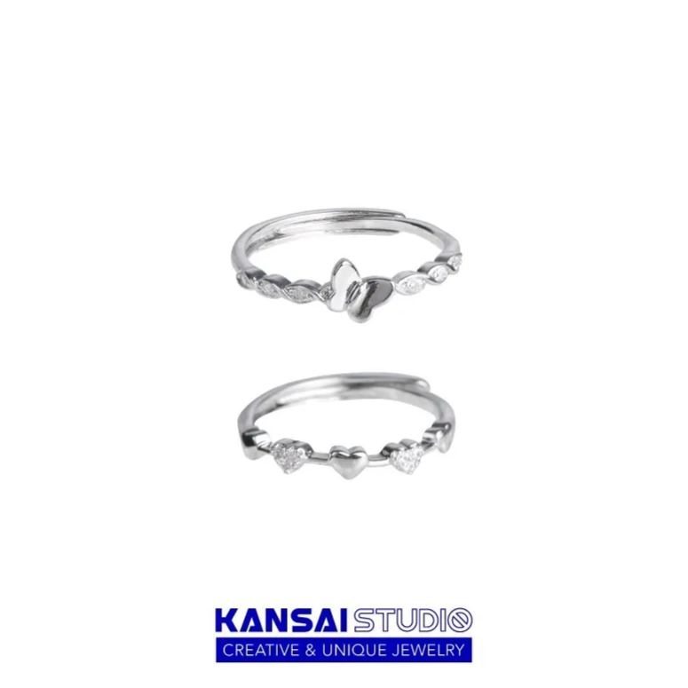 Silver Butterfly and Heart Ring Set with CZ Accents for Women
