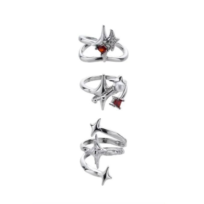 Futuristic Star Ring Set with Red Gem and Silver Spiral Design